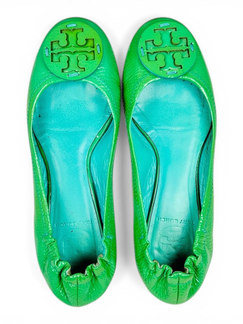Tory Burch Caroline Green Leather Ballet Flats Size 6 Gold Logo Scrunch Elastic